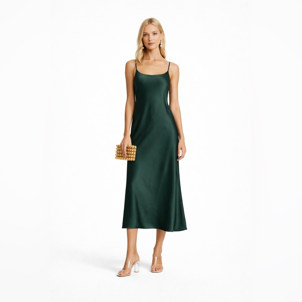 Udel New York Satin Slip Dress Green Midi Spaghetti Strap Bias Cut SzM